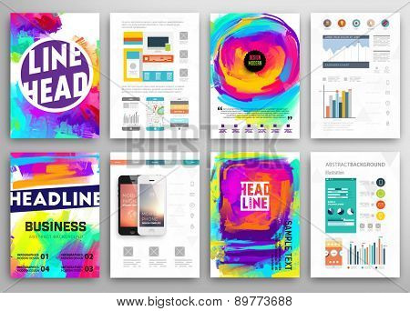 Set of Vector Poster Templates with Watercolor Paint Splash. Abstract Aquarelle Background for Business Flyers, Posters and Placards. Mobile Technologies Concept. Flat Style Web and Info graphic Icons.