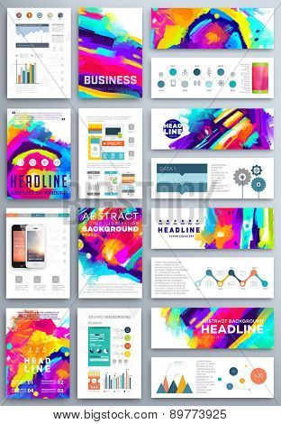 Set of Vector Poster Templates with Watercolor Paint Splash. Abstract Aquarelle Background for Business Flyers, Posters and Placards. Mobile Technologies Concept. Flat Style Web and Info graphic Icons.