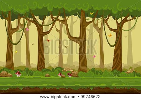 Cartoon forest landscape, endless vector nature background for computer games