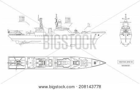 Blueprint of military ship. Top, front and side view. Battleship model. Industrial drawing. Warship in outline style. Vector illustration