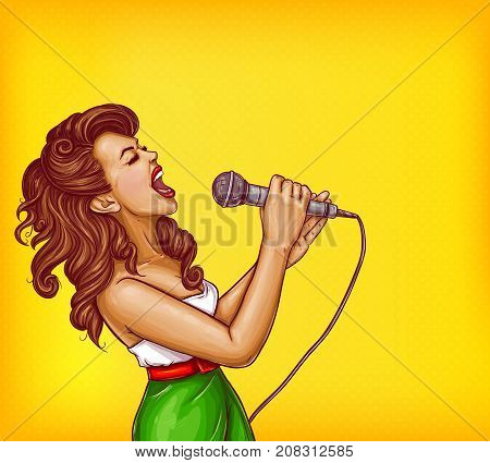 Expressive singing woman with microphone in hands pop art vector illustration with copyspace. Karaoke signer, musical band vocalist, pop star pin up portrait for party, concert or musical event ad