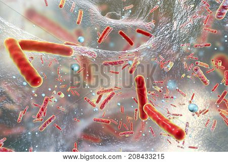 Antibiotic resistant bacteria inside a biofilm, 3D illustration. Biofilm is a community of bacteria where they aquire antibiotic resistance and communicate with each other by quorum sensing molecules