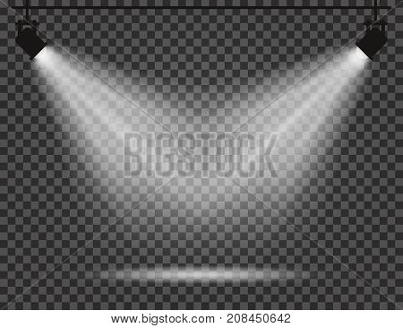 Spotlights With Light Beams On Transparent Background. Realistic Spotlights For Theatre, Photo Studi