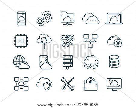 Cloud omputing. Internet technology. Online services. Data, information security. Connection. Thin line web icon set. Outline icons collection.Vector illustration.