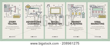 Vector set of digital marketing concept banners. Story telling, Advertising channels, Social promotions, Market planning, Viral marketing templates. Modern thin line flat symbols, icons for web, print