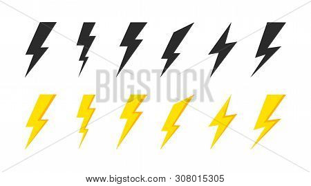 Lightning Icons Set. Thunder And Bolt. Flash Icon. Lightning Bolt. Black And Yellow Silhouette. Vect