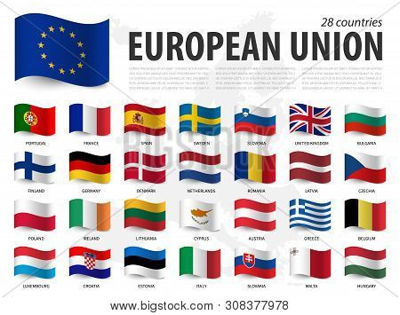 European Union Flag ( Eu ) And Membership On Europe Map Background . Waving Flag Design . Vector .