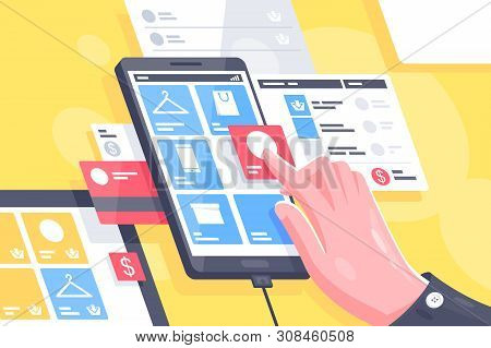 Flat Isolated Hand With Online Mobile Interface Do Shopping. Concept Smart Buying From Cell Phone At