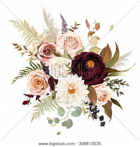 Moody Boho Chic Wedding Vector Bouquet. Warm Fall And Winter Tones. Orange Red, Taupe, Burgundy, Bro