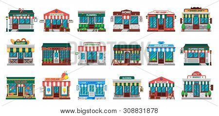 Shops Facades. Laundry Building, Hardware Store Facade And Pharmacy Shop. Business Cafe, Local Shopp