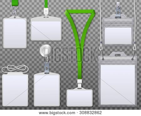 Id Cards Badges. Identification Card, Personal Office Tag And Empty Badge On Lanyard Realistic Templ