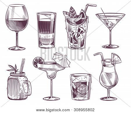 Sketch Cocktails. Hand Drawn Cocktail And Alcohol Drink, Different Drinks In Glass For Party Restaur