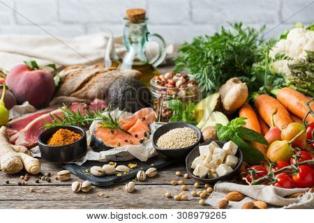 Balanced Nutrition Concept For Clean Eating Flexitarian Mediterranean Diet. Assortment Of Healthy Fo