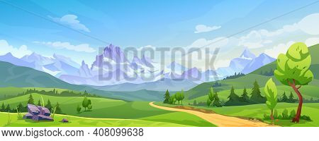 Mountain Landscape With Green Hills, Sandy Road And Natural Valley. Vector Picturesque Place Backgro