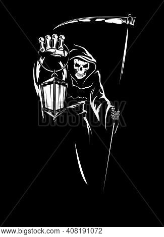 Grim Reaper With Scythe, Death Holding Lantern. Ominously Smiling Human Skeleton In Cowl With Hood, 