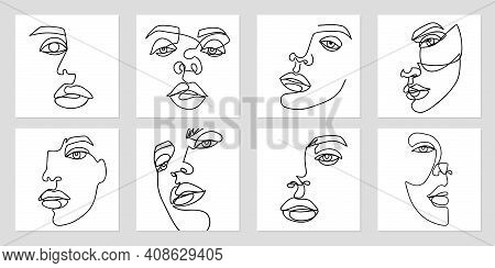 One Line Art Portraits. Abstract Female Face Painting. Woman Contour Silhouette. Continuous Drawing 