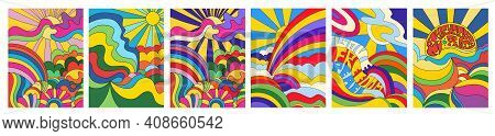 Set Of 6 Brightly Colored Psychedelic Landscape Posters Or Cards With Sun, Rainbow And Countryside I