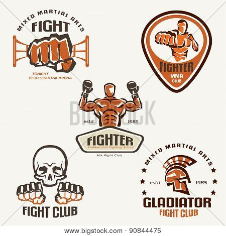 Set Of Fighting Club Emblems, Mma, Boxing Labels And Bages