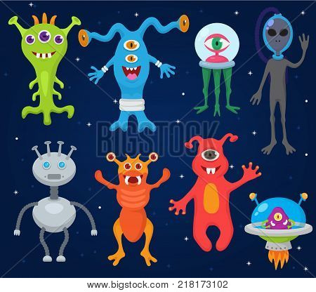 Monster alien vector cartoon monstrous character cute alienated creature or funny gremlin on halloween for kids monstrosity and alienation illustration isolated on white background.