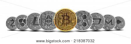 Set of gold and silver crypto currencies with golden bitcoin in front of other crypto currencies as leader isolated on white background. Vector illustration. Use for logos, print products