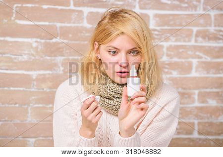 Runny Nose And Other Symptoms Of Cold. Nasal Spray Runny Nose Remedy. Girl Sick Person Hold Nasal Dr