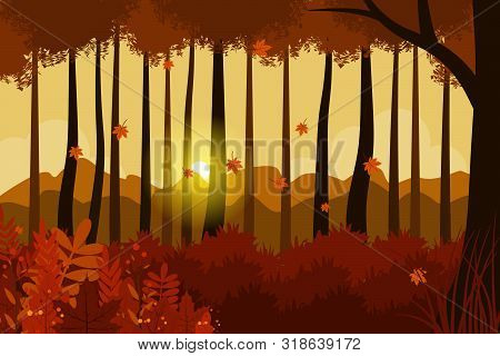 Vector Illustration Of Forest And Tree View In Autumn, Autumn Forest. Autumn Natural Landscape, Yell