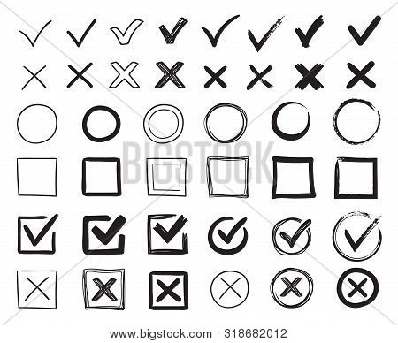 Doodle Check Marks. Hand Drawn Checkbox, Examination Mark And Checklist Marks. Check Signs Sketch, V