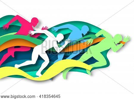 Marathon Runner, Sprinter, Winner Silhouettes, Vector Illustration In Paper Art Style. Marathon Fini