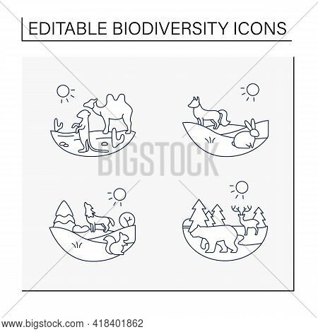 Biodiversity Line Icons Set. Consists Of Desert, Grassland, Temperate Forest, Taiga Forest Ecosystem