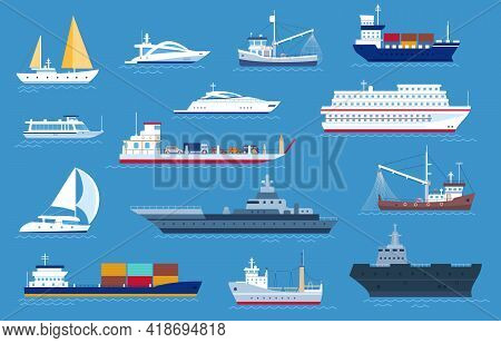 Sea Boats. Fishing And Cargo Ships, Yacht, Shipping Boat, Cruise Ocean Liner, Motorboat And Military