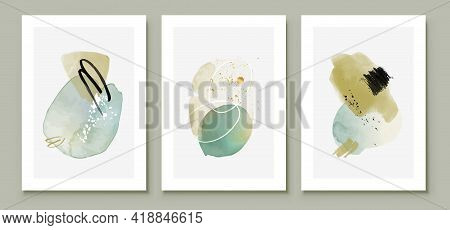 Teal And Peach Abstract Watercolor Compositions. Set Of Soft Color Painting Wall Art For House Decor