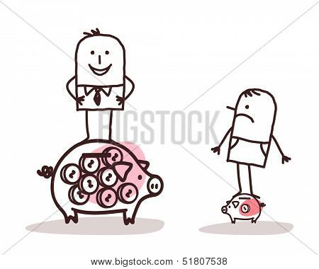 Businessman on Big Piggy Bank and  Poor Man with Little One