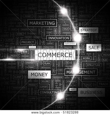 COMMERCE. Word cloud illustration. Tag cloud concept collage. Vector text illustration. 