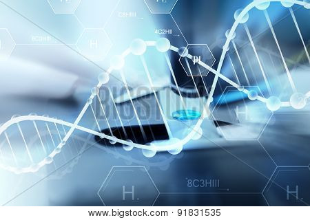 science, chemistry, biology, medicine and people concept - close up of scientist hand with test sample making research in clinical laboratory over hydrogen chemical formula and dna molecule structure