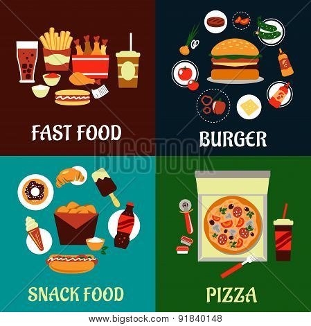 Fast food and takeaway flat icons