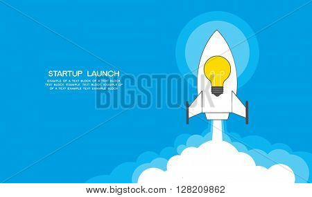 Flat designt startup launch concept. Rocket with the idea of lamp start up. Template for web. Conceptual vector illustration artwork of company startup launch project.  File is saved in AI10 EPS. 