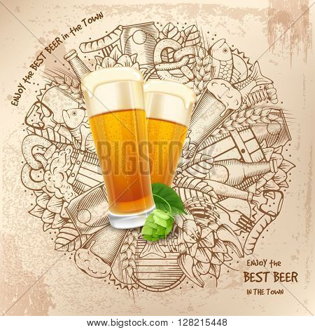 Beer round design in Outline Hand Drawn Doodle Style with Different Objects on Beer Theme. Beer and Snack. Colorful. All elements are separated and editable.  Vector Illustration. 