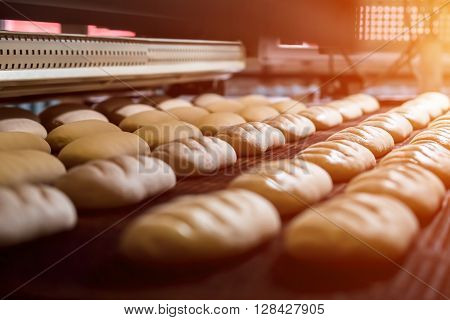 Dessert bread baking in  oven. Production oven at the bakery. Baking  bread. Manufacture of bread.