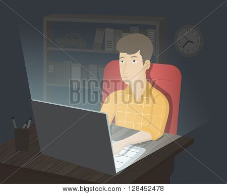 Internet addiction. Computer addiction. Man surfing in internet at night. Internet dependence. Addiction illustration