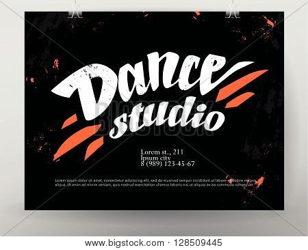 Vector dance studio logo. Dance grunge background. Music. Rhythm. Dance floor, dance pole icon. Paint drops splattered. Modern street dance poster style. Ballet. Pole dance. Ball room dance. Dance school insignia.