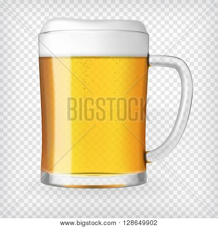 Realistic beer mug. Glass with light beer and bubbles. Graphic design element for a brewery ad, beer garden poster, flyers and printables. Transparent vector illustration.