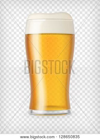 Realistic beer glass. Mug with light beer and bubbles. Graphic design element for a brewery ad, beer garden poster, flyers and printables. Transparent vector illustration.