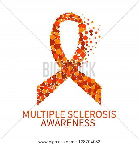 Multiple sclerosis ribbon. Multiple sclerosis awareness poster with an orange ribbon made of dots on white background. Symbol of multiple sclerosis. Vector illustration.