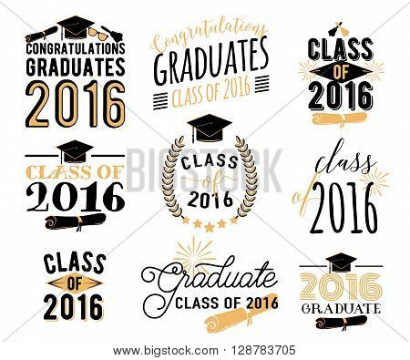 Graduation wishes overlays, lettering labels design set. Retro graduate class of 2016 badges. Hand drawn emblem with sunburst, hat, diploma, bell. Isolated. Sign or logo