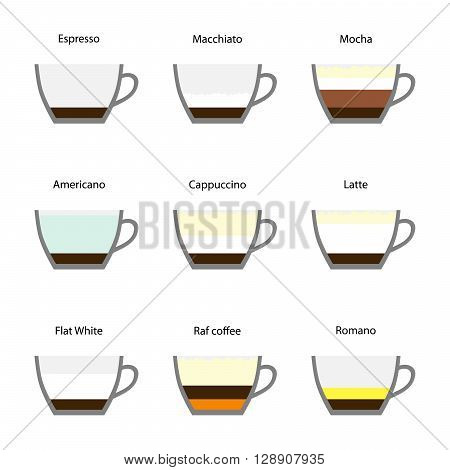 Coffee beverages types and preparation. Vector illustration.