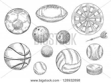 Sporting items for individual and team sporting games isolated sketches with balls for soccer or football, volleyball and basketball, rugby and baseball, golf and tennis, bowling and billiards, dart board with arrow and ice hockey puck