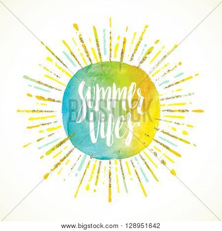 Summer vibes - Summer calligraphy. Summer vacation. Summer sunburst. Summer quote. Summer phrase. Summer greeting. Summer vector. Summer illustration. Summer lettering. Summer sunshine. Summer sun.