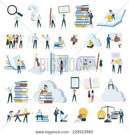 Flat Design People Concept Icons Isolated On White. Set Of Vector Illustrations For Education, E-lea