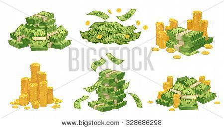 Cartoon Money And Coins. Green Dollar Banknotes Pile, Golden Coin And Rich. Bank Debt Bill Investmen