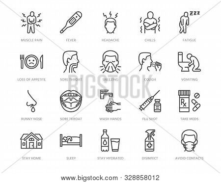 Flu Disease Prevention, Cold Symptoms Flat Line Icons Set. Fever Headache Sneeze, Sore Throat Vector